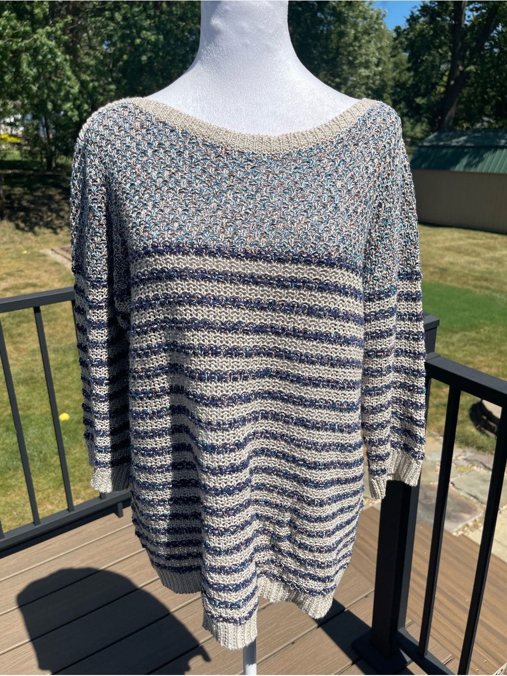 Coldwater Creek Women Blue Striped Cotton Linen Blend Large Pullover Sweater